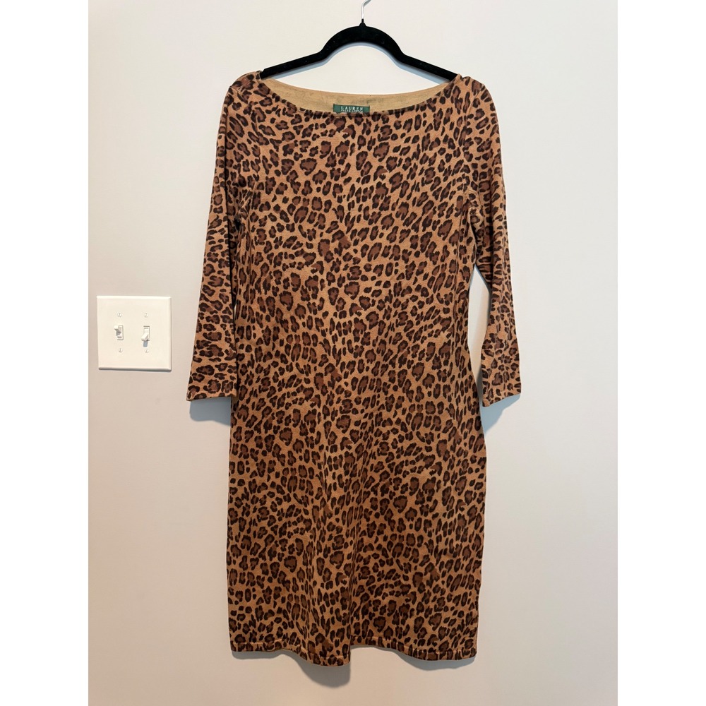 Lauren Ralph Lauren Leopard Print Sheath Dress Brown Tan Cotton Knit Size L